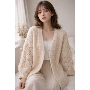 Snidel Fuzzy Cable Knit Open Cardigan Sweater Cream Textured Boho One Size